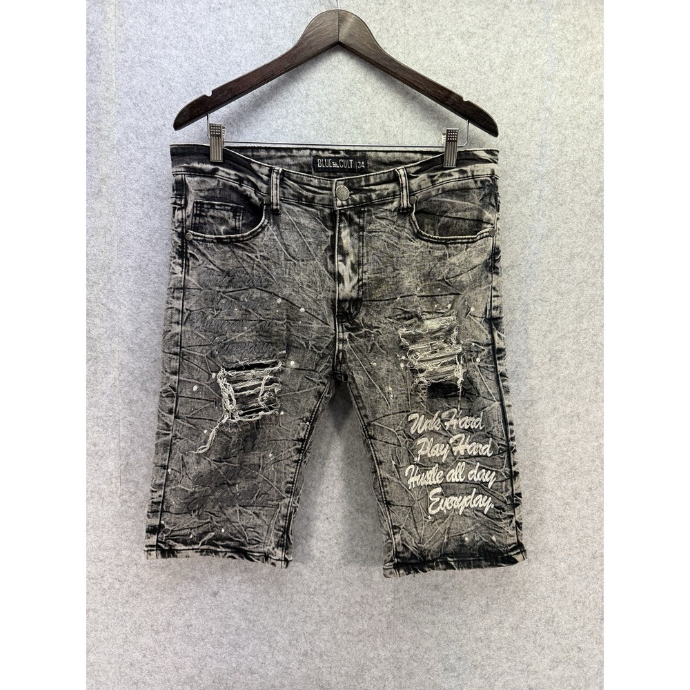 Blue Cult Acid Wash Black Denim Jean Shorts Mens 34 Grunge Hip Hop Distressed